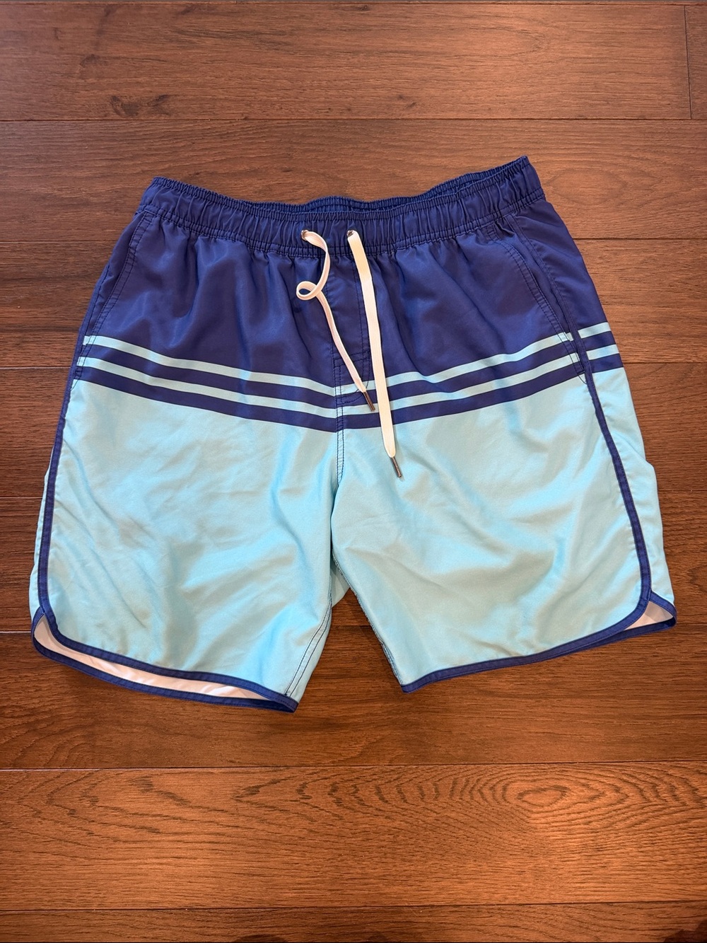 Fair Harbor Anchor Palm Print Swim Trunks In Teal Color Block Size Large